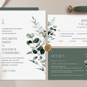 Sage Green Minimal Wedding Invitation Template, Modern Greenery Wedding Invite Set, Forest Botanical Details Card, Printable RSVP