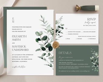 Sage Green Minimal Wedding Invitation Template, Modern Greenery Wedding Invite Set, Forest Botanical Details Card, Printable RSVP