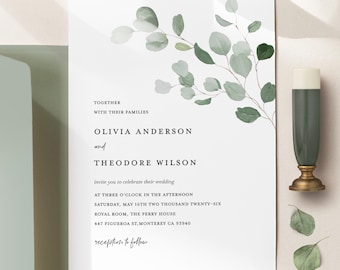 Sage Green Wedding Invitation Template, Eucalyptus Wedding Invite, Boho Editable Wedding Invitations, Printable Greenery minimalist invite