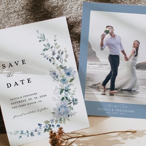 Staubig Blau Save The Date Karten Vorlage, Foto Wildblumen Hellblau Hochzeit Save The Dates, Elegant Boho Floral Save The Date, Download