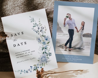 Dusty Blue Save The Date Cards Template, Photo Wildflower Light Blue Wedding Save The Dates, Elegant Boho Floral Save The Date, Download