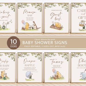 Classic Winnie The Pooh Baby Shower Signs, Bundle, Printable Editable Sign Set Template, Baby Shower Decor, Instant Download image 1