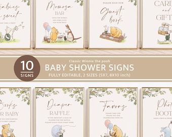 Classic Winnie The Pooh Baby Shower Signs, Bundle, Printable Editable Sign Set Template, Baby Shower Decor, Instant Download