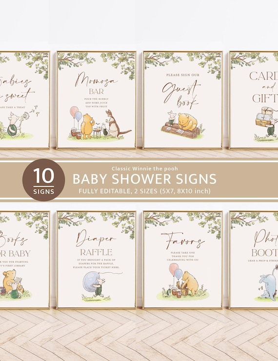 Classic Winnie The Pooh Baby Shower Signs, Bundle, Printable Editable Sign Set Template, Baby Shower Decor, Instant Download