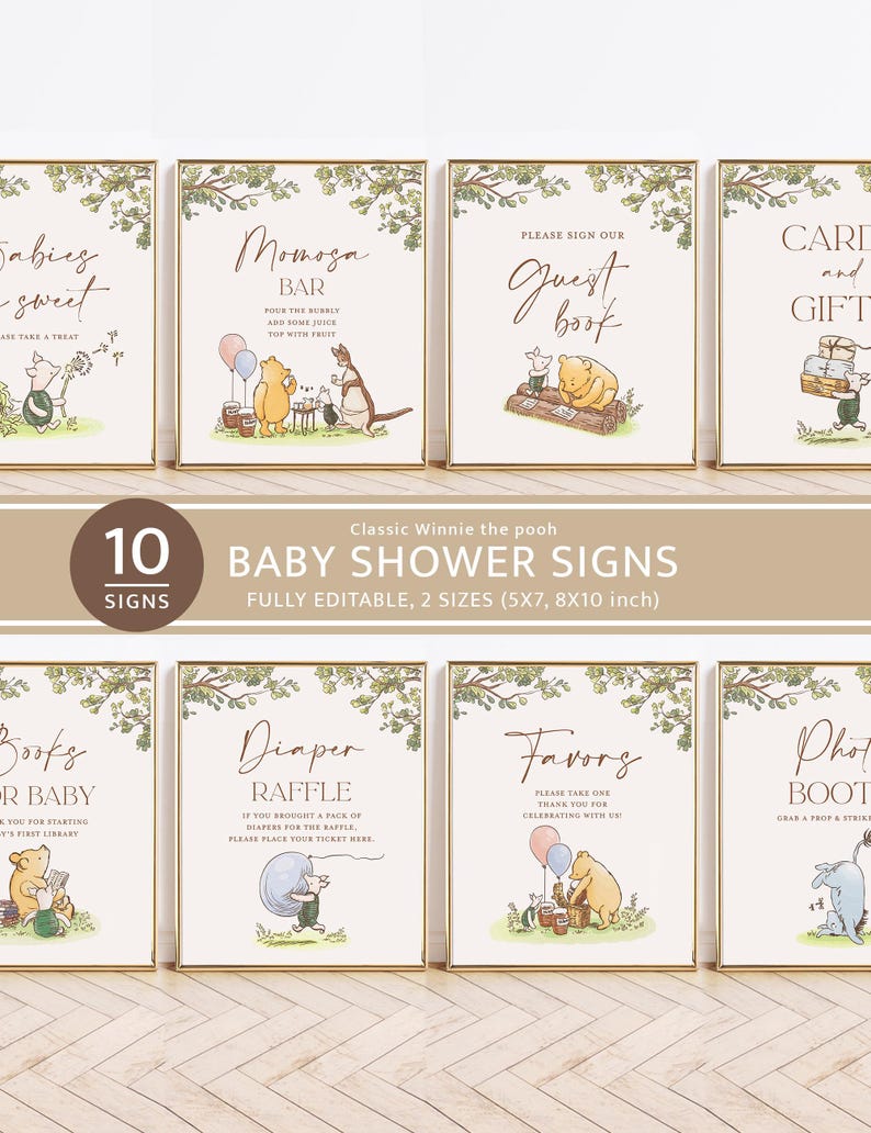 Classic Winnie The Pooh Baby Shower Signs, Bundle, Printable Editable Sign Set Template, Baby Shower Decor, Instant Download image 1