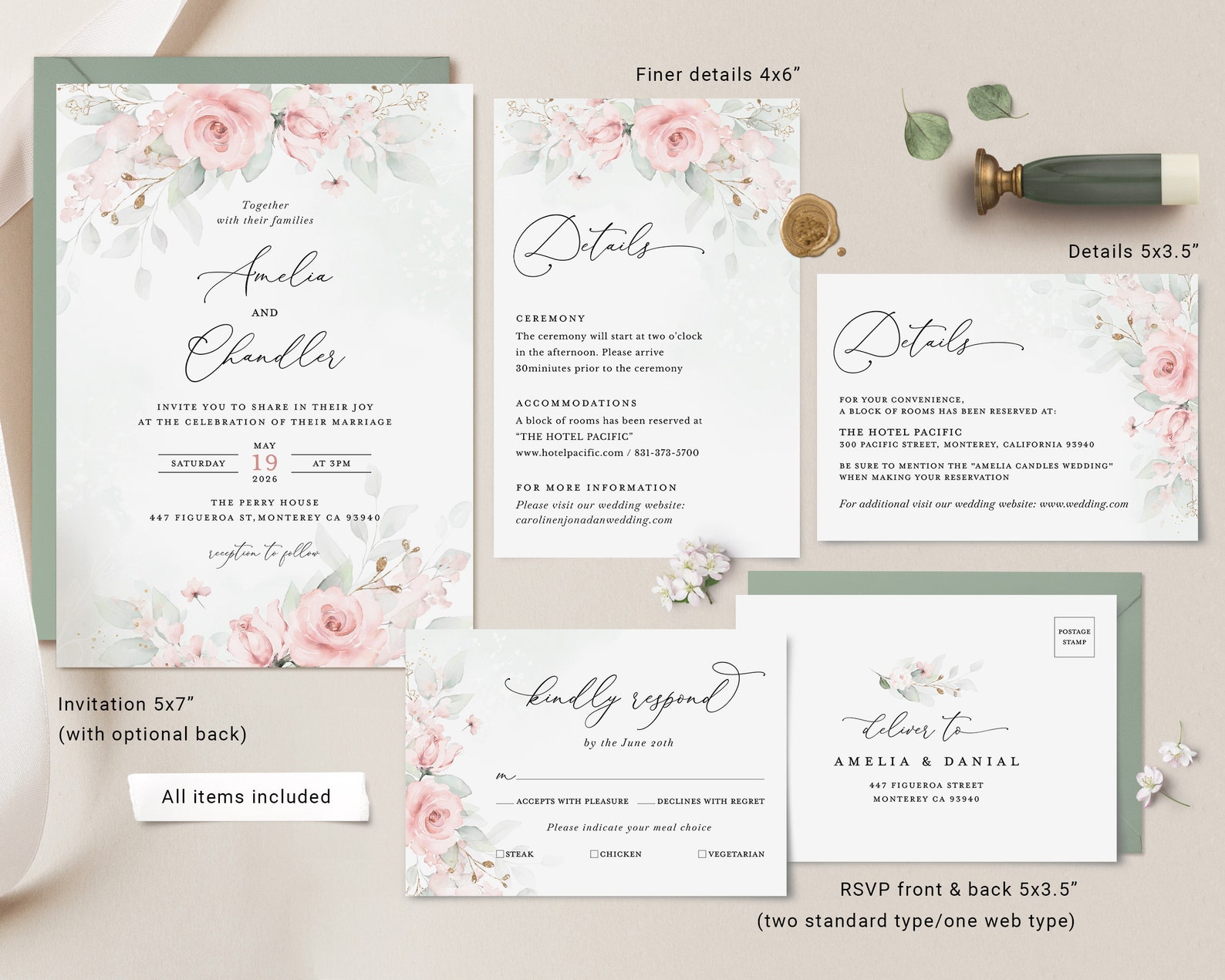Blush Pink Wedding Invitation Template Floral Greenery Etsy