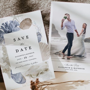 Strand Save The Date Vorlage, Ozeanblau Foto Hochzeit Save The Dates, Boho Nautical Hochzeitsdatum, druckbares Ziel Save The Date Karten