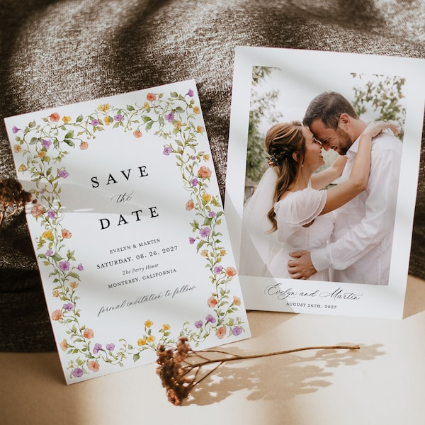 Classic Floral Save The Date Cards Template, Photo Colorful Elegant Wedding Save The Dates, Wildflower Sage Greenery Save Our Date Cards