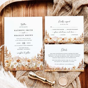 Herbst Berg Hochzeitseinladung Vorlage Set, Wildblumen Terrakotta Wald Hochzeitseinladung Set, rustikale Karte, Antwortkarte, Download