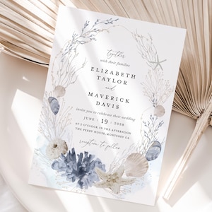 Modello di invito per matrimonio in stile boho oceanico, inviti per matrimonio blu spiaggia, biglietto di auguri per matrimonio stampabile con conchiglie nautiche, download immediato