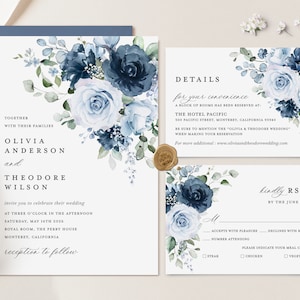 Dusty Blue Navy Wedding Invitation Template Set, Floral Boho Wedding Invites Suite, Elegant Garden Steel Light Blue Rose Details RSVP image 2