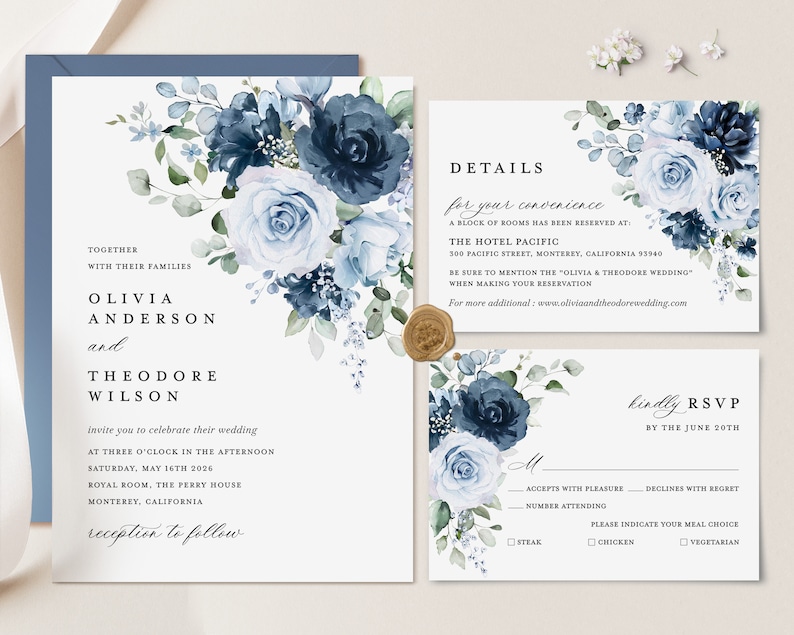 Dusty Blue Navy Wedding Invitation Template Set, Floral Boho Wedding Invites Suite, Elegant Garden Steel Light Blue Rose Details RSVP image 2