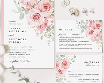 Blush Pink Wedding Invitation Set Template, Floral Greenery Wedding Invites Suite, Elegant Boho Sage Blush Rose RSVP, Details Card, Download