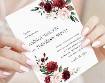 Burgundy Blush Minimalist Wedding Invitation Template, Maroon Pink Elegant Invite, Marsala Floral Editable Invitation, Red Printable Invite