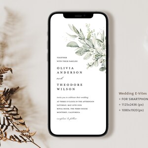Invitación mínima electrónica, Sage Green Boho Evite, plantilla de invitación de iPhone de boda de eucalipto, invitación editable de teléfono inteligente digital, Cloe imagen 6