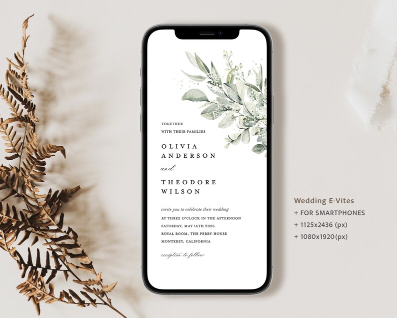 Invitación mínima electrónica, Sage Green Boho Evite, plantilla de invitación de iPhone de boda de eucalipto, invitación editable de teléfono inteligente digital, Cloe imagen 6
