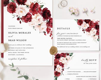 Hochzeitseinladungsvorlage in Burgunderrot, Boho-Hochzeitseinladungsset in zartem Rosa, elegante Karte mit Marsala-Blumendetails, druckbare Antwortkarte, Download