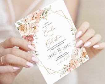 Dusty Rose Wedding Invitation Template, Boho Blush Wedding Invites, Elegant Gold Floral Invitations, Printable Geometric Invite, Download