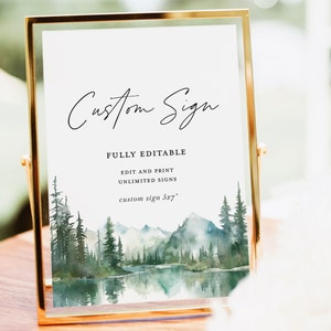 Modello di cartello per matrimonio personalizzato in montagna, cartello per decorazioni per il tavolo di ricevimento della foresta del lago, poster modificabile e stampabile per cartello in salvia rustica in pino