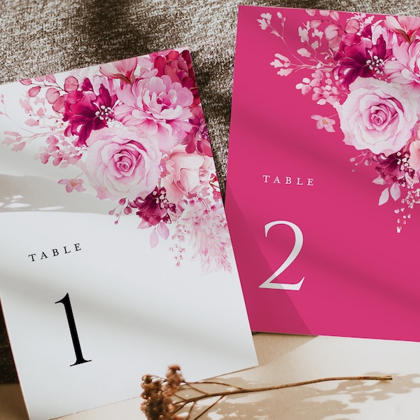Hot Pink Wedding Table Numbers Card Template, Floral Table Numbers, Elegant Bright Vibrant Magenta Fuchsia Rose Printable Table Number Cards