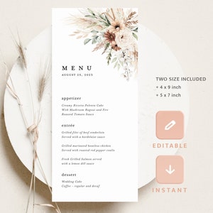 Modèle de Menu de mariage bohème, cartes de menu de réception moderne en terre cuite, menu du dîner élégant minimaliste floral sauge pampa, imprimable, téléchargement