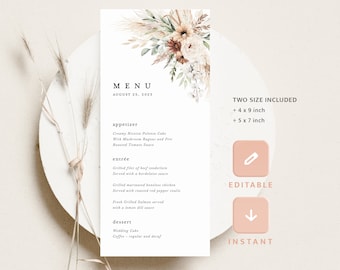 Boho Wedding Menu Template, Modern Terracotta Reception Menu Cards, Elegant Minimalist Floral Sage Pampas Dinner Menu, Printable, Download