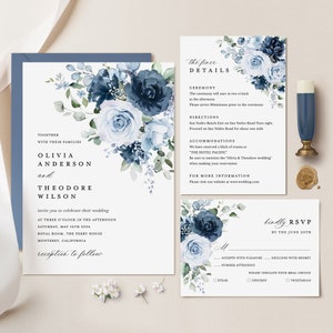 Dusty Blue Navy Wedding Invitation Template Set, Floral Boho Wedding Invites Suite, Elegant Garden Steel Light Blue Rose Details RSVP image 1