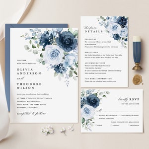 Stoffige blauwe marineblauwe bruiloft uitnodiging sjabloon set, bloemen Boho bruiloft uitnodigingen Suite, elegante tuin staal lichtblauw Rose Details RSVP