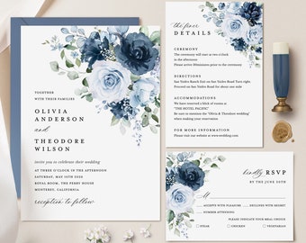 Dusty Blue Navy Wedding Invitation Template Set, Floral Boho Wedding Invites Suite, Elegant Garden Steel Light Blue Rose Details RSVP