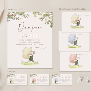 May include: A printable sign for a baby shower diaper raffle. The sign features a cartoon pig carrying a large nappy. The text on the sign reads "Diaper Raffle" and "If you brought a pack of nappies for the raffle, please place your ticket here."
