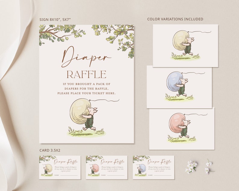 May include: A printable sign for a baby shower diaper raffle. The sign features a cartoon pig carrying a large nappy. The text on the sign reads "Diaper Raffle" and "If you brought a pack of nappies for the raffle, please place your ticket here."