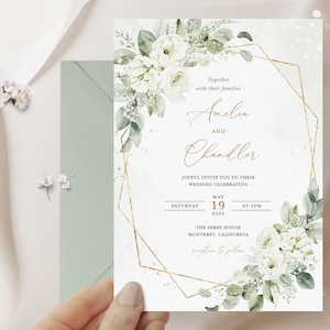 Geometric White Floral Wedding Invitation Template, Gold and White Wedding Invite Card, Elegant Sage Green Invitations, Printable, Elena zdjęcie 7