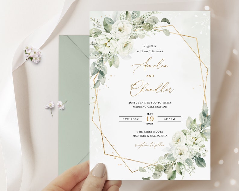 Geometric White Floral Wedding Invitation Template, Gold and White Wedding Invite Card, Elegant Sage Green Invitations, Printable, Elena zdjęcie 7