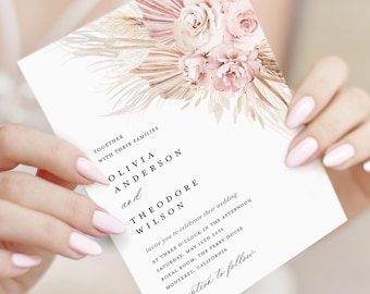 Boho Blush Pink Wedding Invitation Template, Floral Wedding Invites, Printable Elegant Dusty Rose Pampas Wedding Invitation, Download