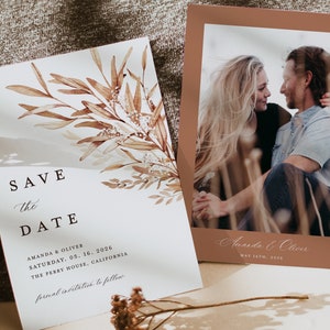 Terrakotta Save The Date Karten Vorlage, Foto Rustikale Hochzeit Save The Dates, Herbst Greenery Elegante Boho Save The Date Karten, Download