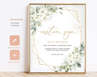 Geometric White Floral Custom Wedding Sign Template, Elegant Gold Reception Table Decor Sign, Editable Sage Sign, Printable Poster, Elena