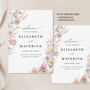 May include: A wedding welcome sign with a floral design in shades of pink, purple, and green. The sign reads "Welcome to our wedding Elizabeth and Maverick June 19th, 2026 Royal Room, The Perry House Monterey, California".