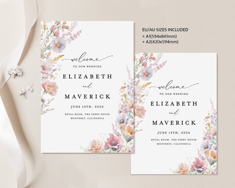 May include: A wedding welcome sign with a floral design in shades of pink, purple, and green. The sign reads "Welcome to our wedding Elizabeth and Maverick June 19th, 2026 Royal Room, The Perry House Monterey, California".