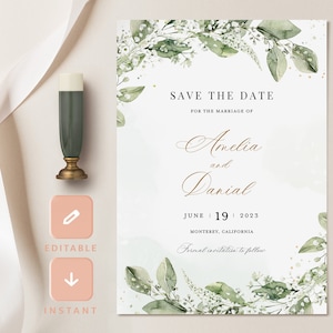 Boho Save The Date Card Template, Greenery Watercolor Personalized Wedding Save Our Date, Editable Save The Day Invite, Printable Card, Ella