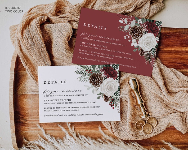 Winter Christmas Wedding Invitation Template Set, Burgundy Floral Wedding Invites Suite, Boho Rustic Forest Pine Rose RSVP Details Card image 6