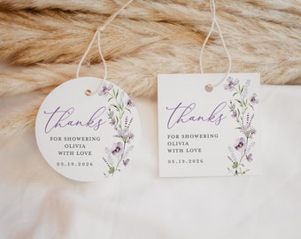 Thank You Favor Tag Template, Bridal Shower Lilac Lavender Editable Tag, Printable Floral Shower Round Circle Square Tags, Download, Lana