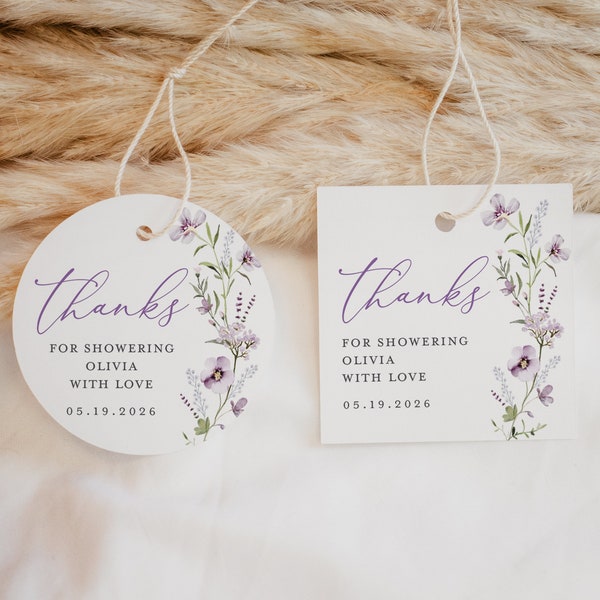 Thank You Favor Tag Template, Bridal Shower Lilac Lavender Editable Tag, Printable Floral Shower Round Circle Square Tags, Download, Lana