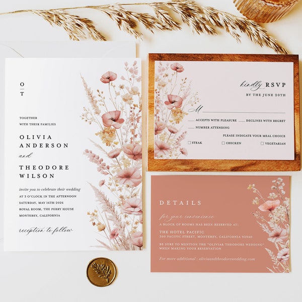 Pink Terracotta Wedding Invitation Template Set, Boho Wildflower Wedding Invite Suite, Elegant Burnt Orange Dusty Blush Pink Details, RSVP