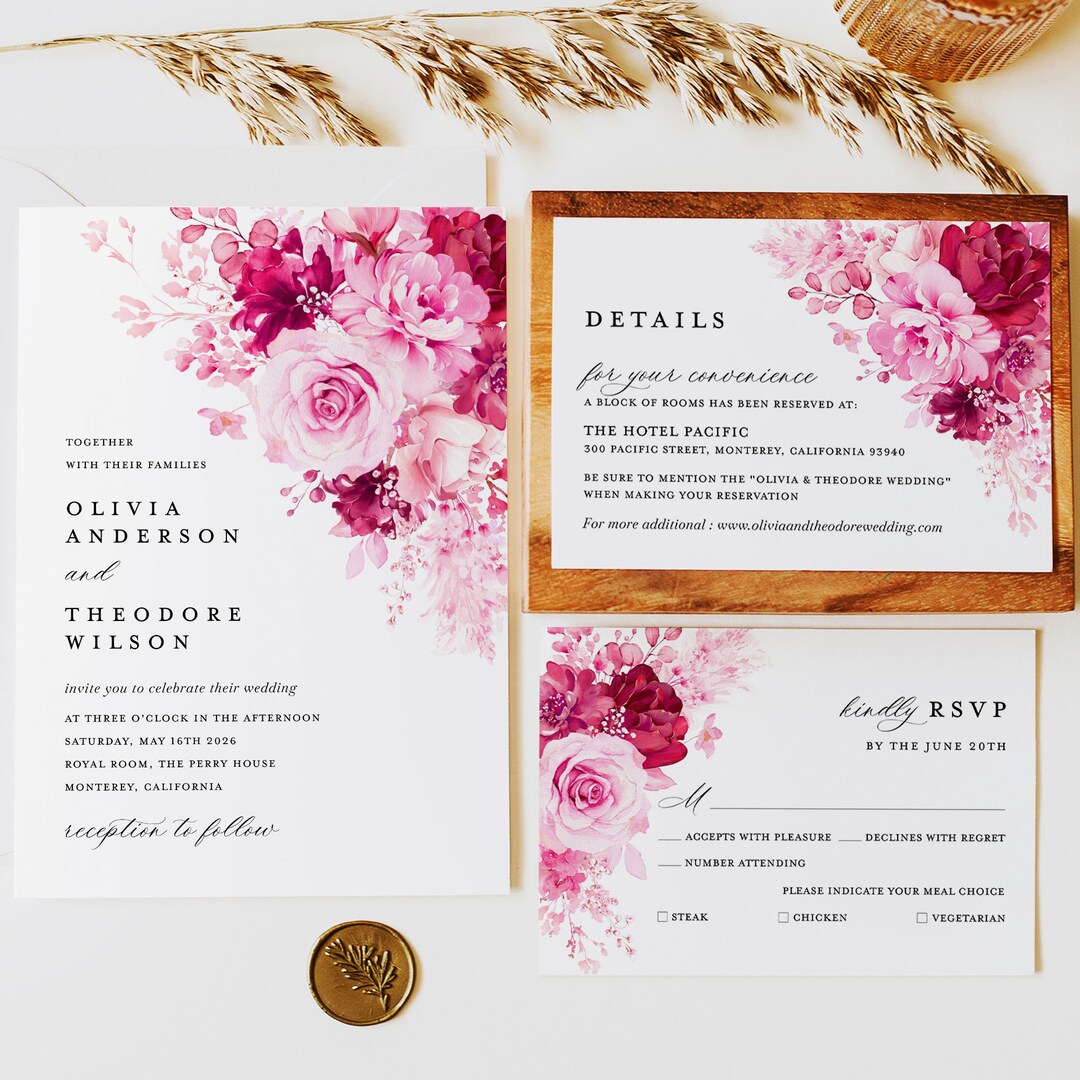 Hot Pink Wedding Invitation Template Set, Floral Elegant Wedding Invite