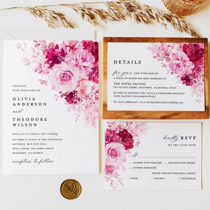 Pink Hochzeitseinladung Vorlage Set, Florale Elegante Hochzeit Invite Set, helle lebendige Magenta Fuchsia Detailkarte, druckbare Antwortkarten