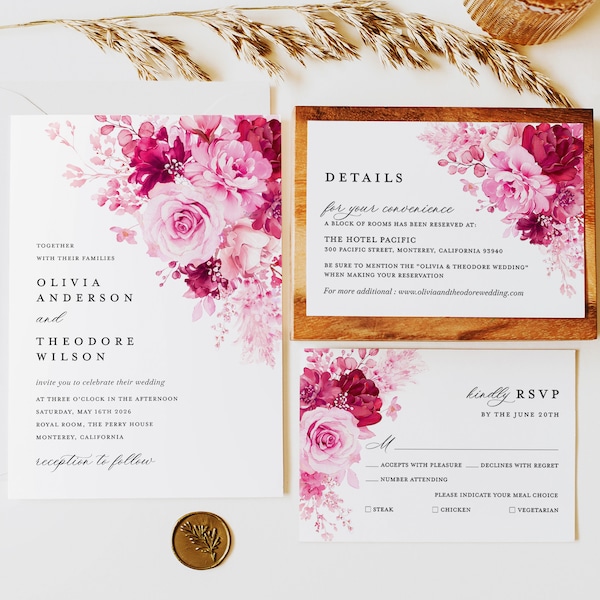 Hot Pink Wedding Invitation Template Set, Floral Elegant Wedding Invite Suite, Bright Vibrant Magenta Fuchsia Details Card, Printable RSVP