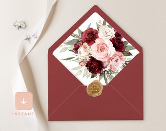 Burgundy Blush Pink Envelope Liner Template, Floral Boho A6 and A7 Euro flap & Square Flap, Printable DIY Rose Wedding Envelope Liners