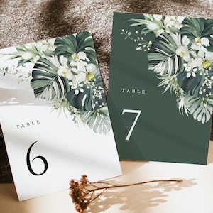 Tropical Wedding Table Numbers Card Template, Monstera Table Numbers, Boho Sage Palm Tree Destination Beach Printable Table Number Cards
