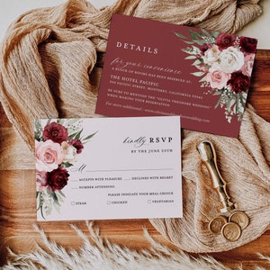 Burgundy Wedding Invitation Template, Boho Blush Pink Rose Wedding Invite Suite, Sage Marsala Floral Details Card, Printable RSVP, Download image 4