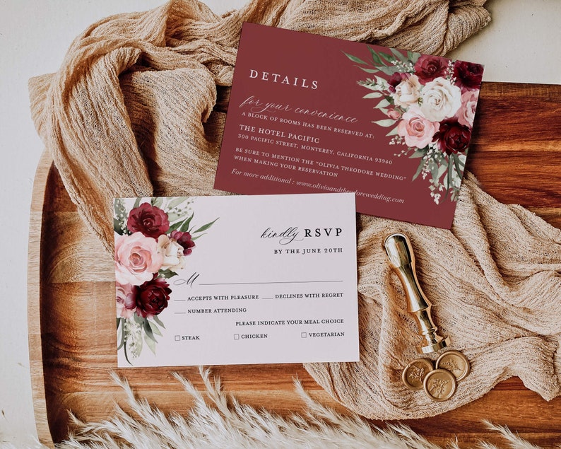 Burgundy Wedding Invitation Template, Boho Blush Pink Rose Wedding Invite Suite, Sage Marsala Floral Details Card, Printable RSVP, Download image 4